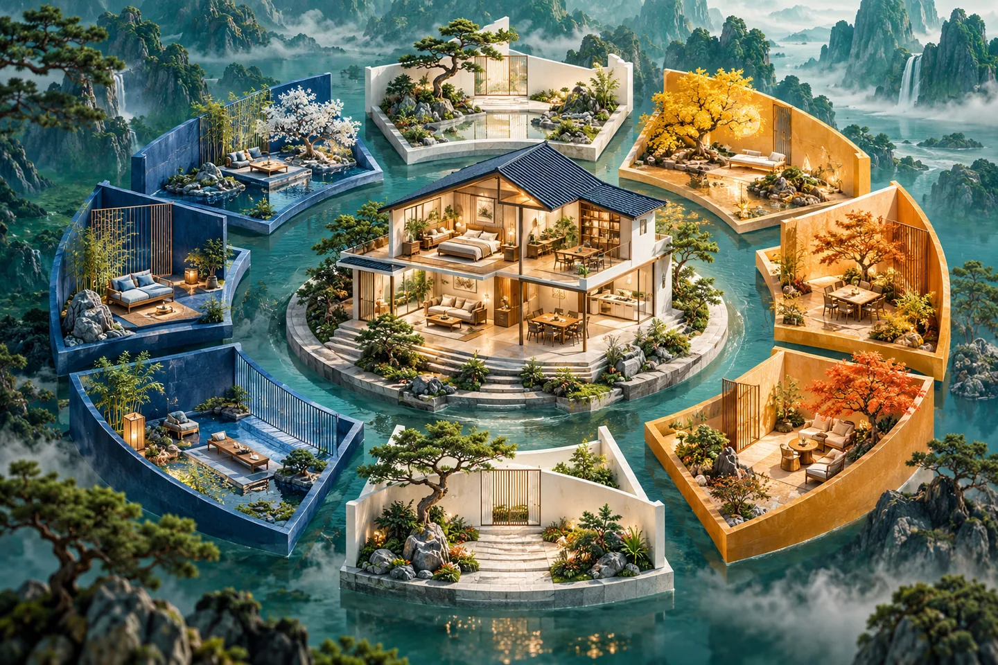 主题插画以房屋与周边空间提示方向意识;准确八宅分组以正文图解为准。