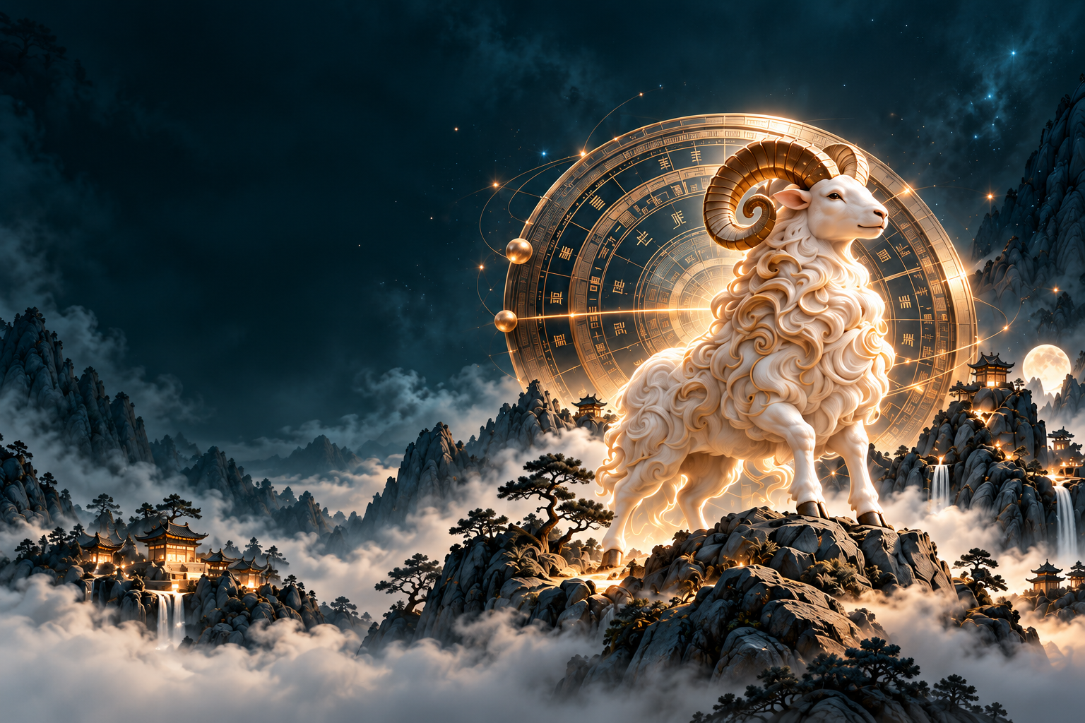 昂首的金角白羊与金色罗盘，深青山峦和云雾背景