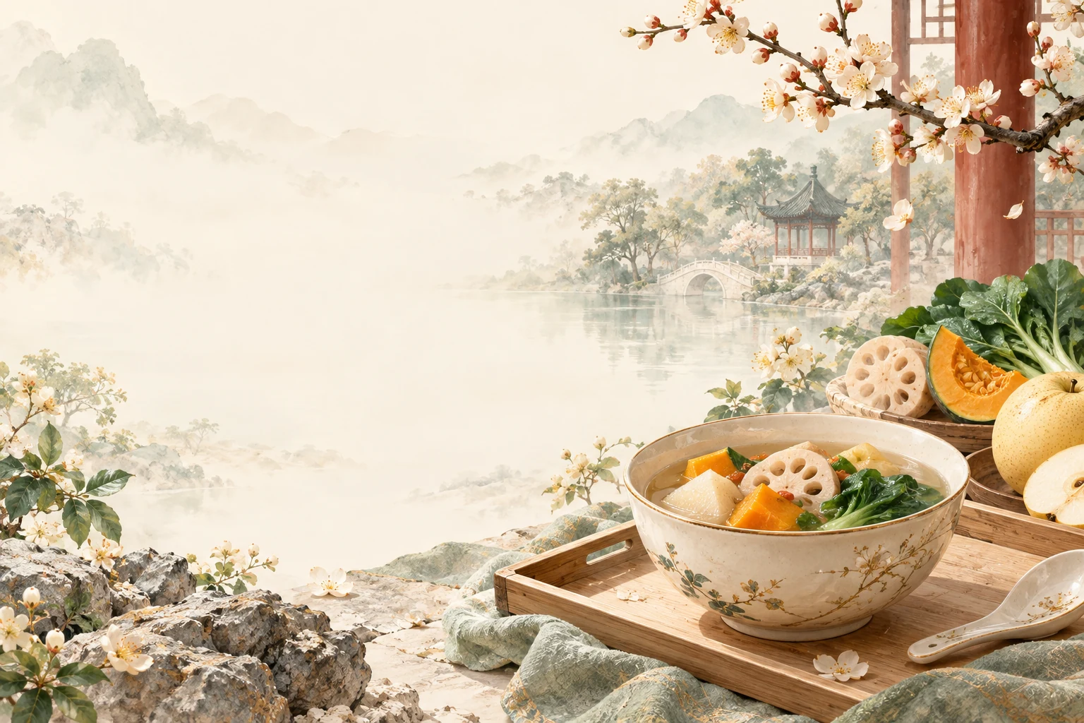 中式养生与节气饮食主题插画